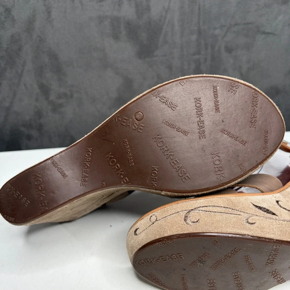 Kork-Ease Wedge Sandals Womens 9 Brown Leather Embroidered Platform Ankle Strap